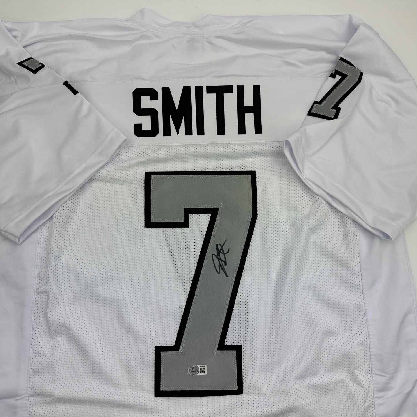Autographed/Signed Geno Smith Oakland White Color Rush Football Jersey Beckett BAS COA