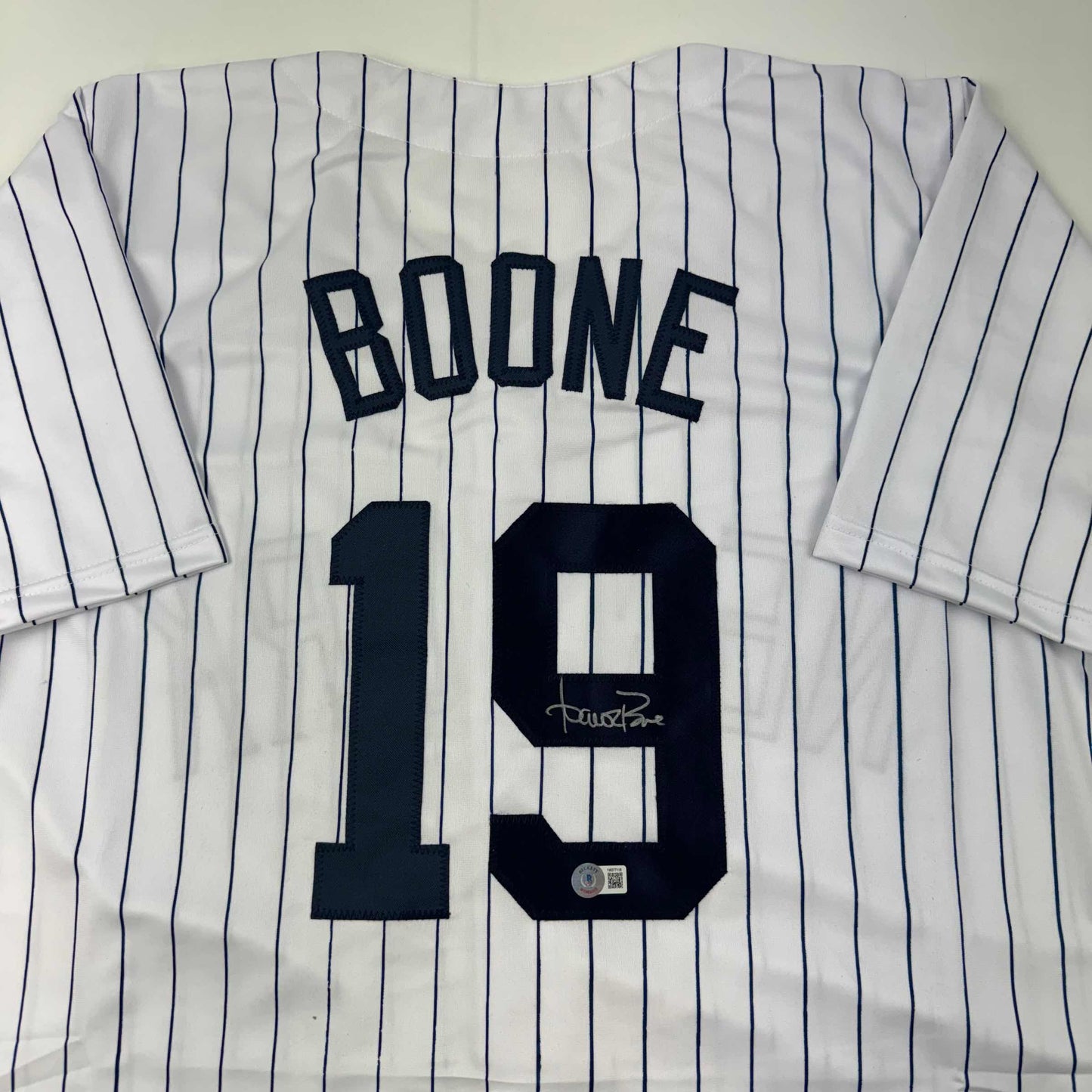 Autographed/Signed Aaron Boone New York Pinstripe Baseball Jersey Beckett BAS COA