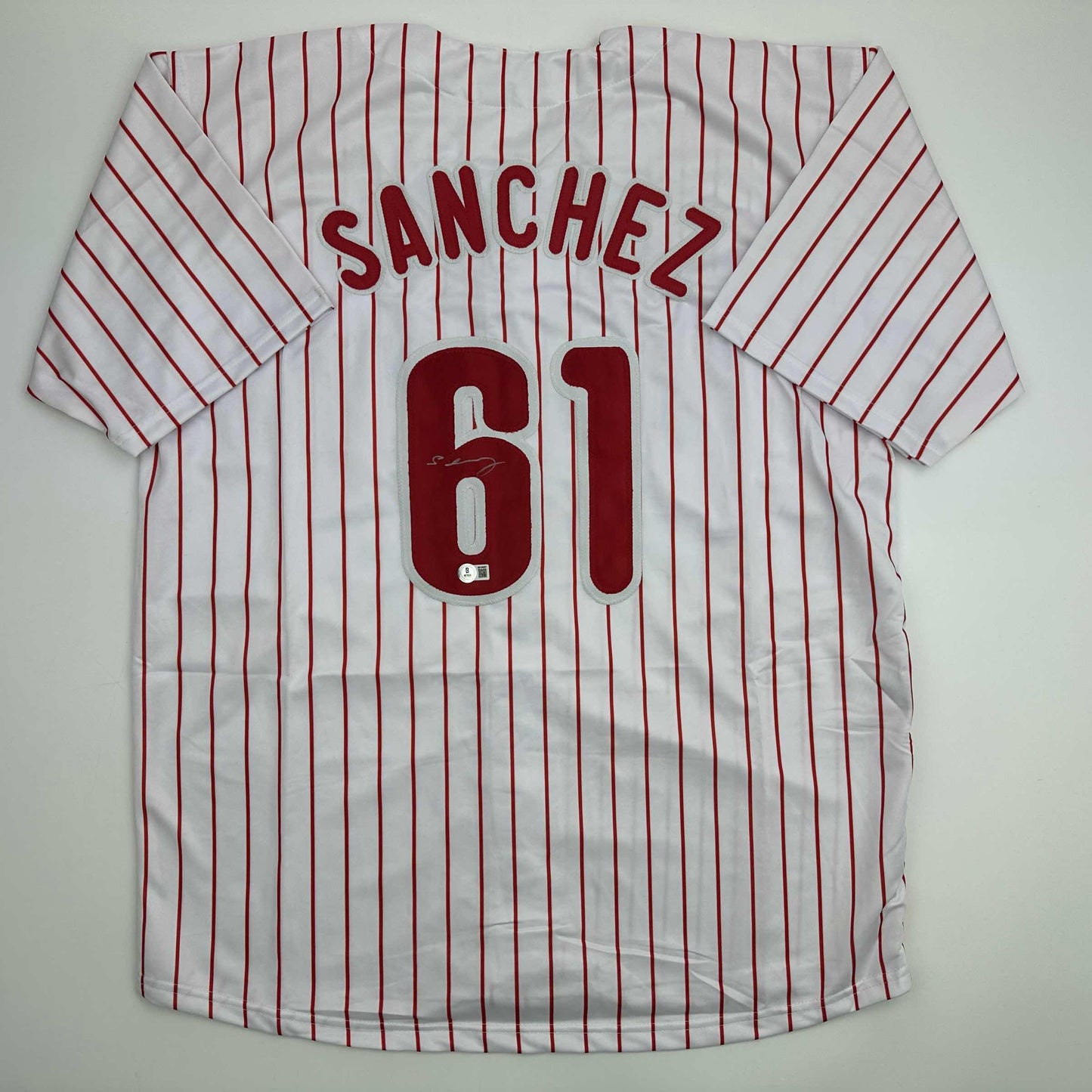 Autographed/Signed Cristopher Sanchez Philadelphia Pinstripe Baseball Jersey Beckett BAS COA