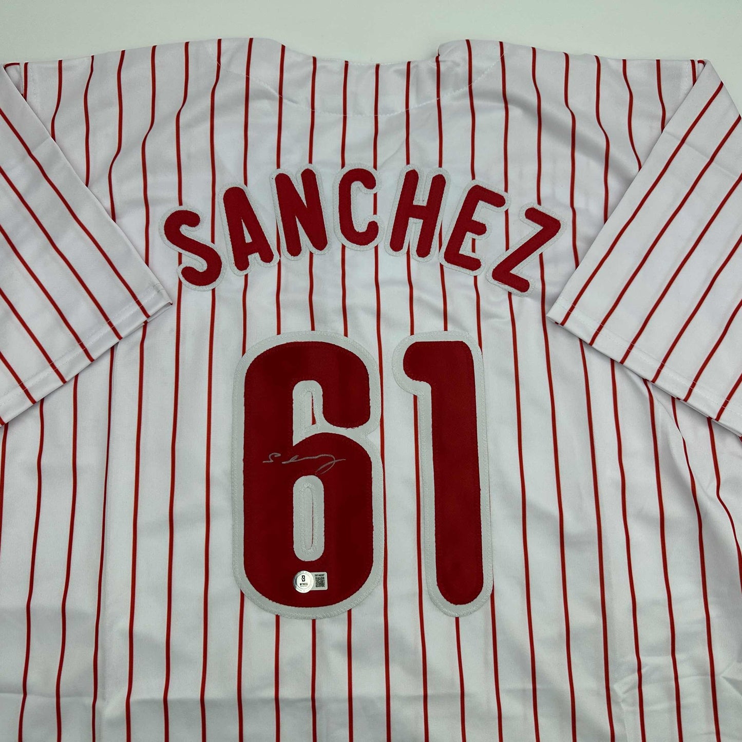 Autographed/Signed Cristopher Sanchez Philadelphia Pinstripe Baseball Jersey Beckett BAS COA