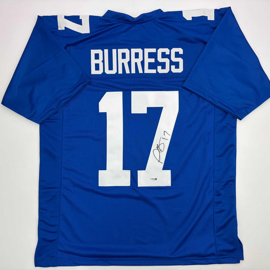 Autographed/Signed Plaxico Burress New York Blue Football Jersey JSA COA