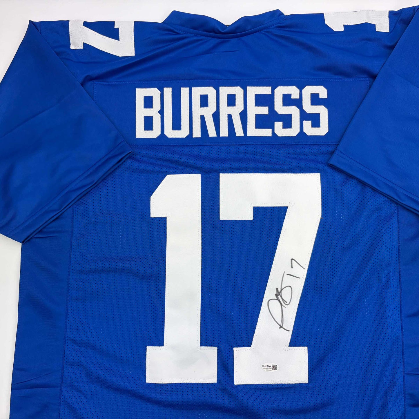 Autographed/Signed Plaxico Burress New York Blue Football Jersey JSA COA