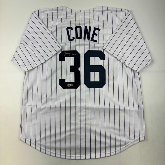 Autographed/Signed David Cone New York Pinstripe Baseball Jersey Beckett BAS COA