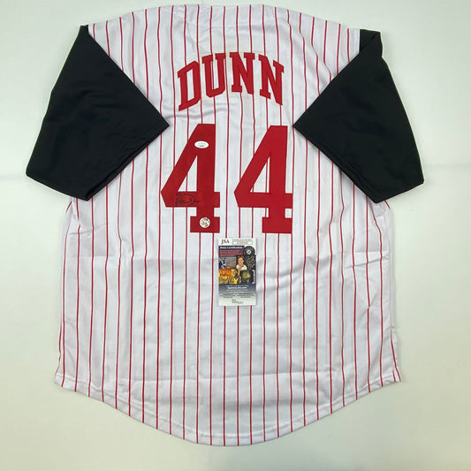 Autographed/Signed Adam Dunn Cincinnati Pinstripe Baseball Jersey JSA COA