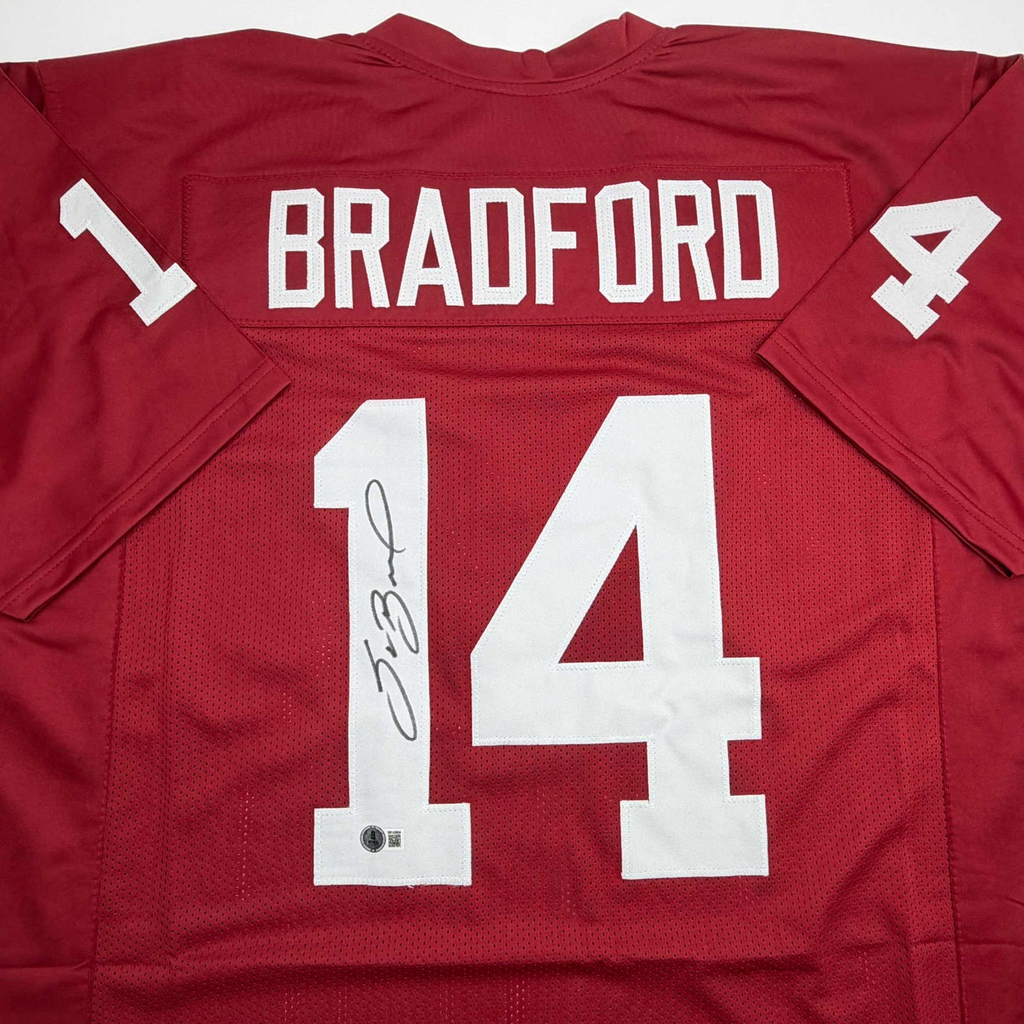 Autographed/Signed Sam Bradford Oklahoma Red College Football Jersey Beckett BAS COA