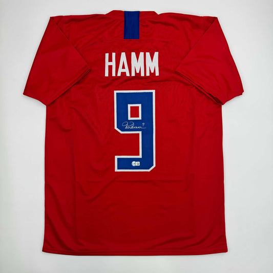 Autographed/Signed Mia Hamm Red Soccer Team USA United States World Cup Jersey Beckett BAS COA