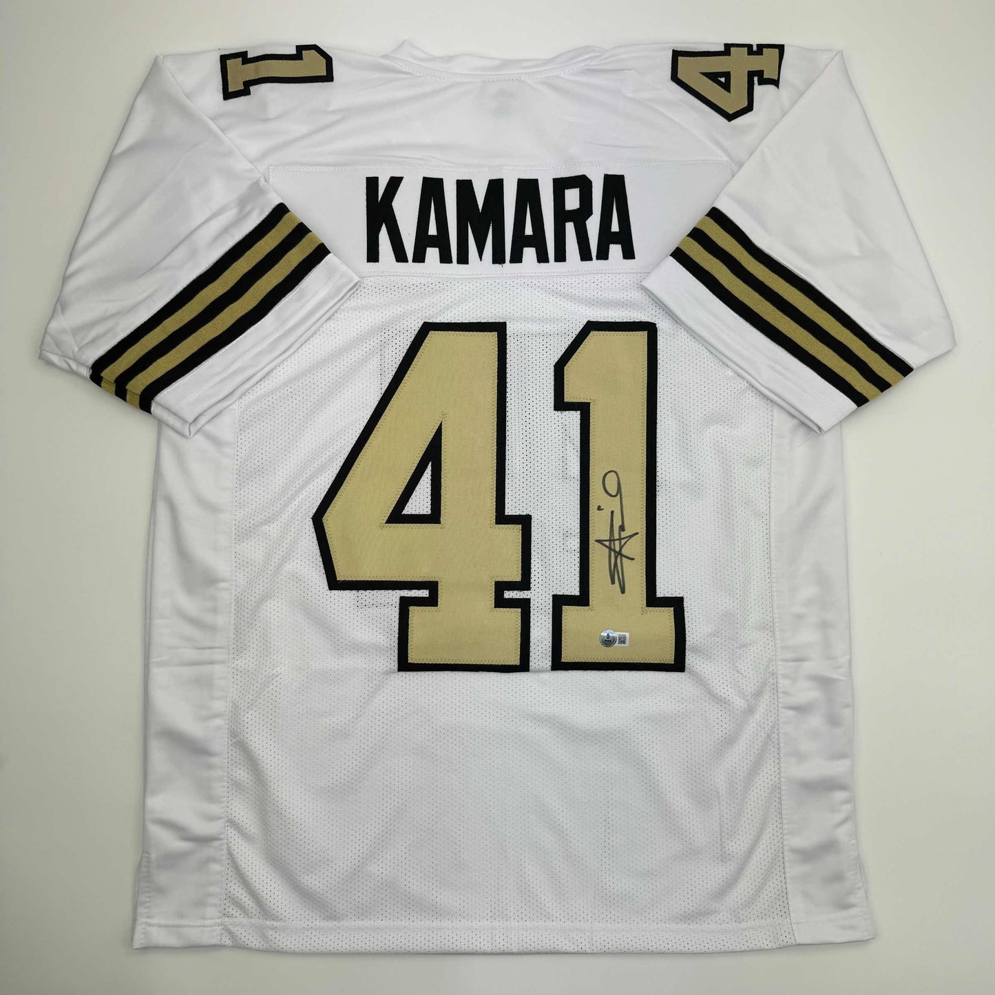 Autographed/Signed Alvin Kamara New Orleans White Color Rush Football Jersey Beckett BAS COA