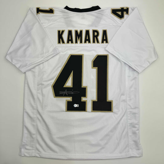 Autographed/Signed Alvin Kamara New Orleans White Football Jersey Beckett BAS COA