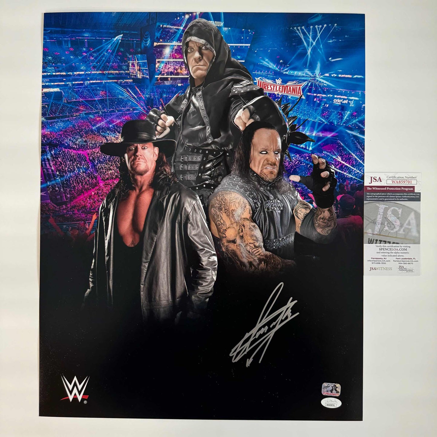 Autographed/Signed Mark William Calaway "The Undertaker" 16x20 WWE Wrestling Photo JSA COA