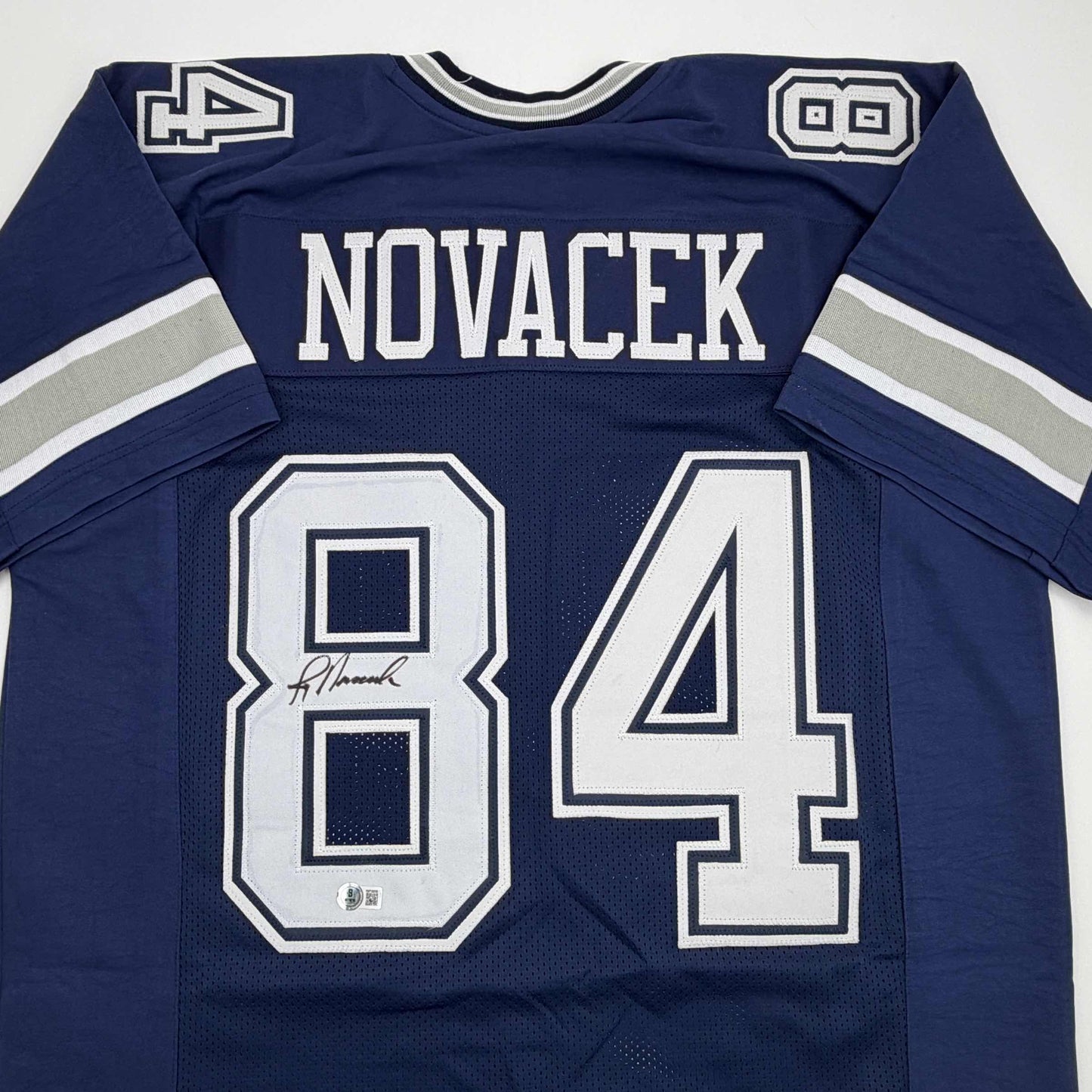 Autographed/Signed Jay Novacek Dallas Dark Blue Football Jersey Beckett BAS COA