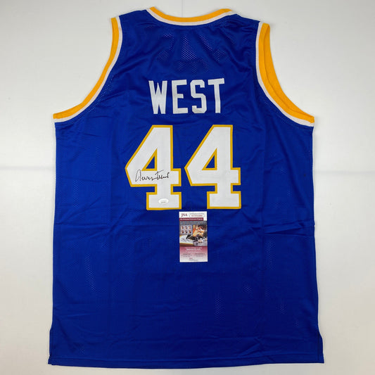 Autographed/Signed Jerry West West Virginia Blue College Basketball Jersey JSA COA