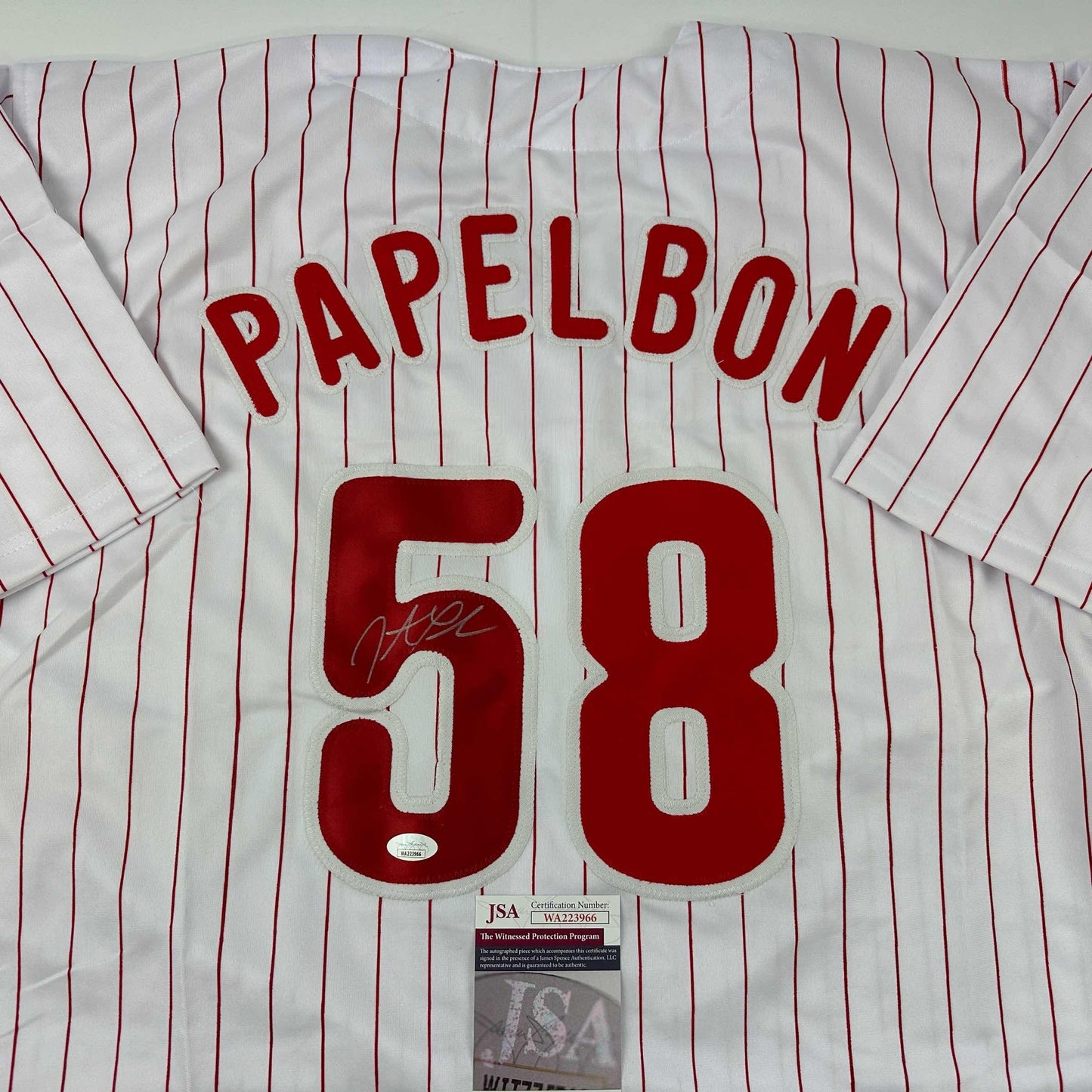 Autographed/Signed Jonathan Papelbon Philadelphia Pinstripe Baseball Jersey JSA COA