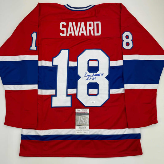 Autographed/Signed Serge Savard HOF 86 Montreal Red Hockey Jersey JSA COA