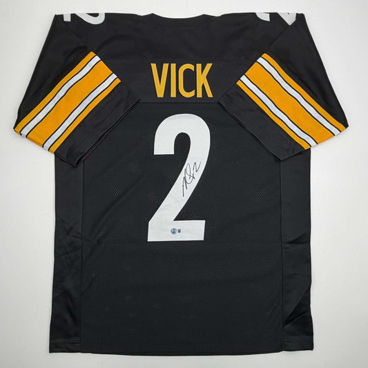 Autographed/Signed Michael Mike Vick Pittsburgh Black Football Jersey Beckett BAS COA