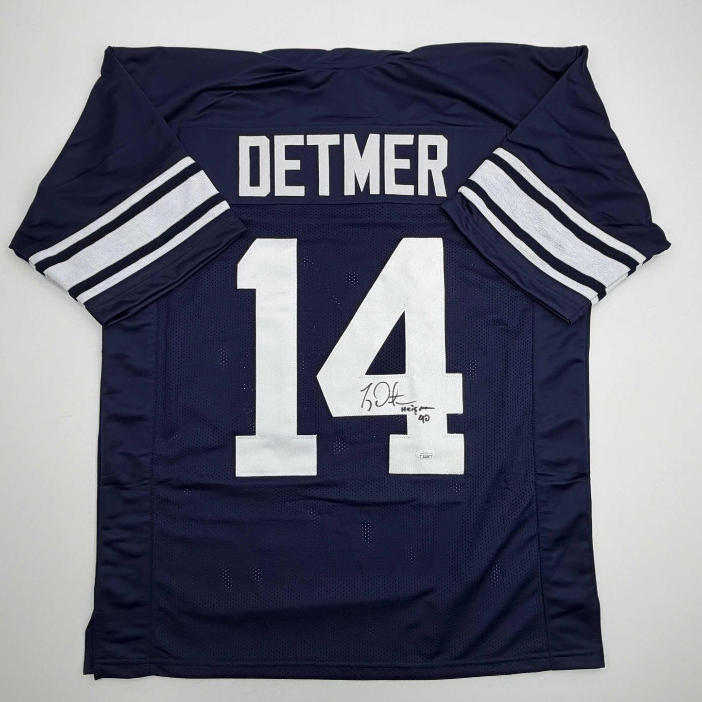 Autographed/Signed Ty Detmer Heisman 90 Brigham Young BYU Blue College Football Jersey JSA COA - Golden Apple Comics