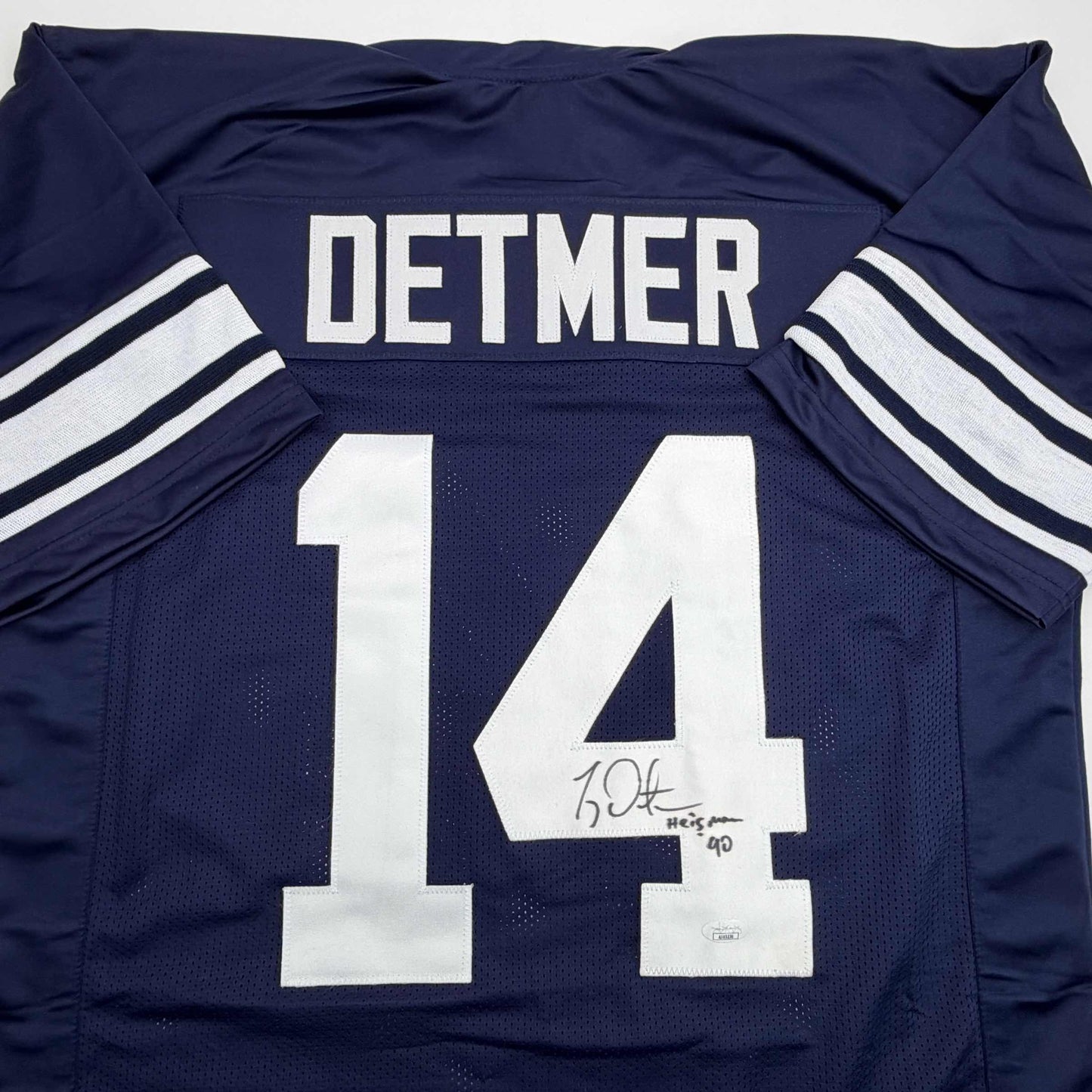 Autographed/Signed Ty Detmer Heisman 90 Brigham Young BYU Blue College Football Jersey JSA COA - Golden Apple Comics