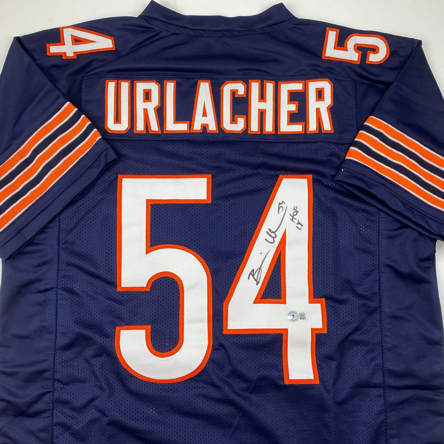Autographed/Signed Brian Urlacher HOF 18 Chicago Blue Football Jersey Beckett BAS COA