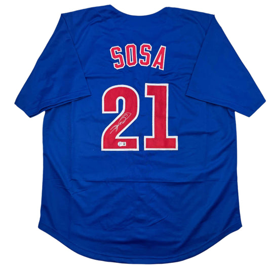 Autographed/Signed Sammy Sosa Chicago Blue Baseball Jersey JSA COA