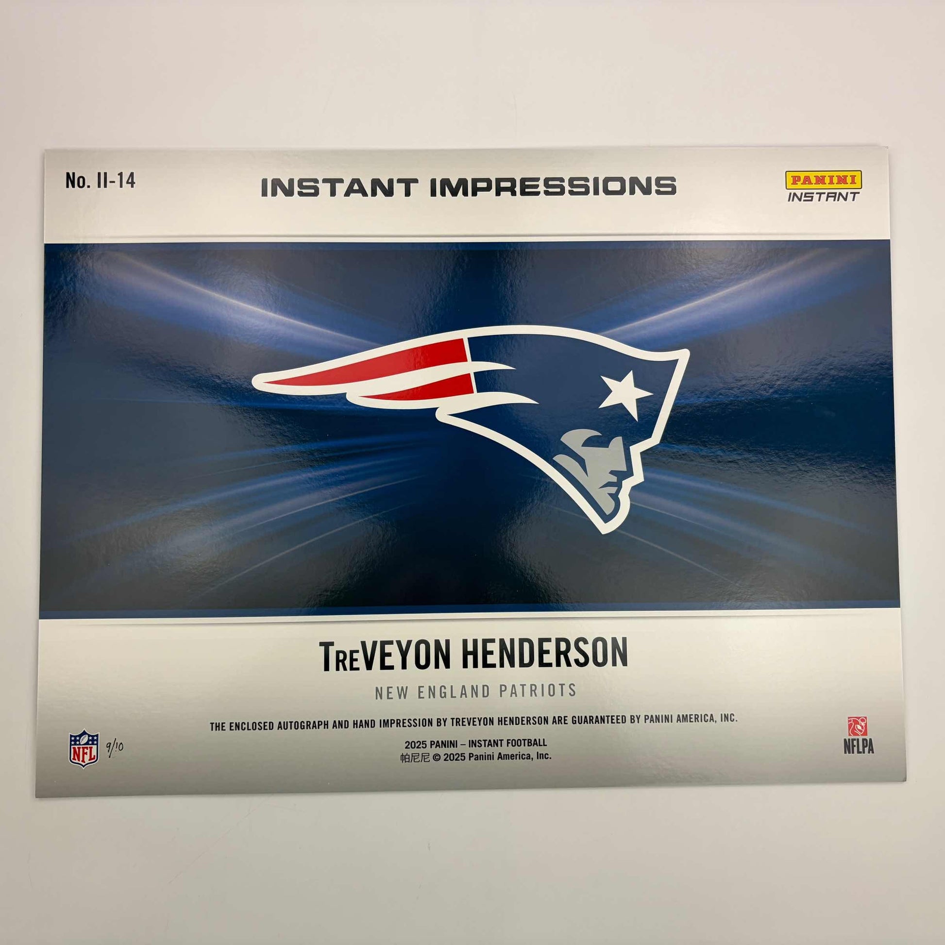 2025 Panini Instant Impressions NFL TreVeyon Henderson #II-13 18x24 Hand Print Autographed Auto /10 New England Patriots Rookie RC Oversized Football Card - Golden Apple Comics