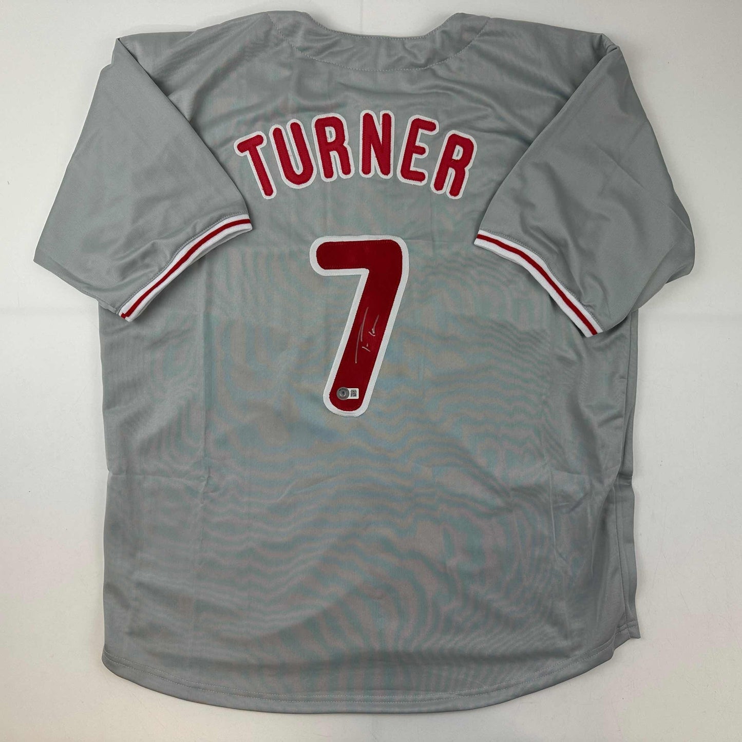 Autographed/Signed Trea Turner Philadelphia Grey Baseball Jersey Beckett BAS COA