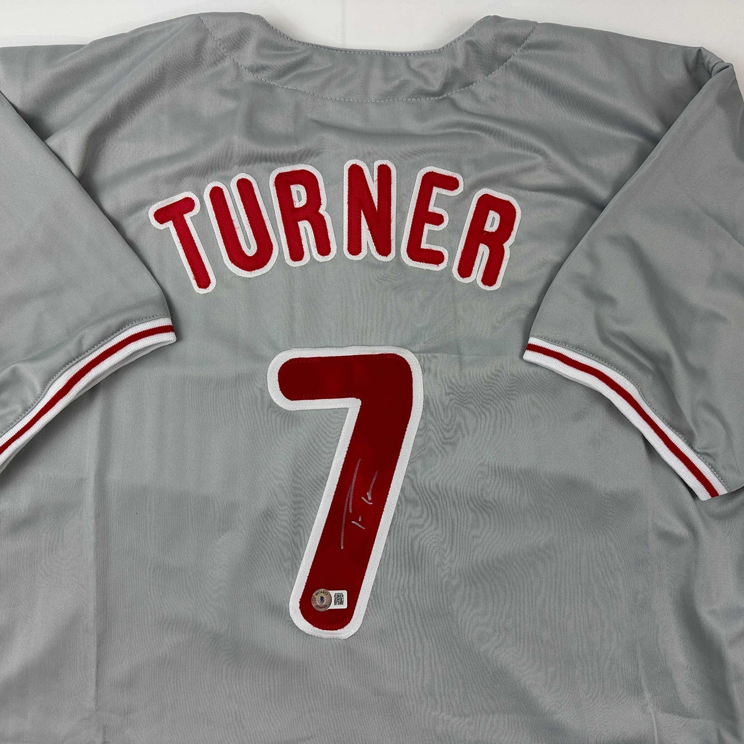 Autographed/Signed Trea Turner Philadelphia Grey Baseball Jersey Beckett BAS COA