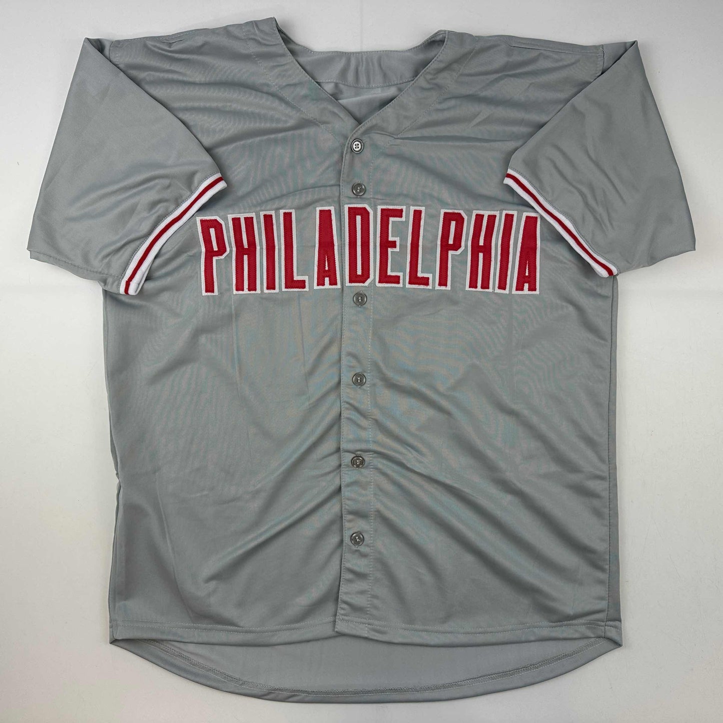 Autographed/Signed Trea Turner Philadelphia Grey Baseball Jersey Beckett BAS COA