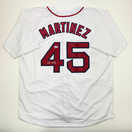 Autographed/Signed Pedro Martinez Boston White Baseball Jersey Beckett BAS COA