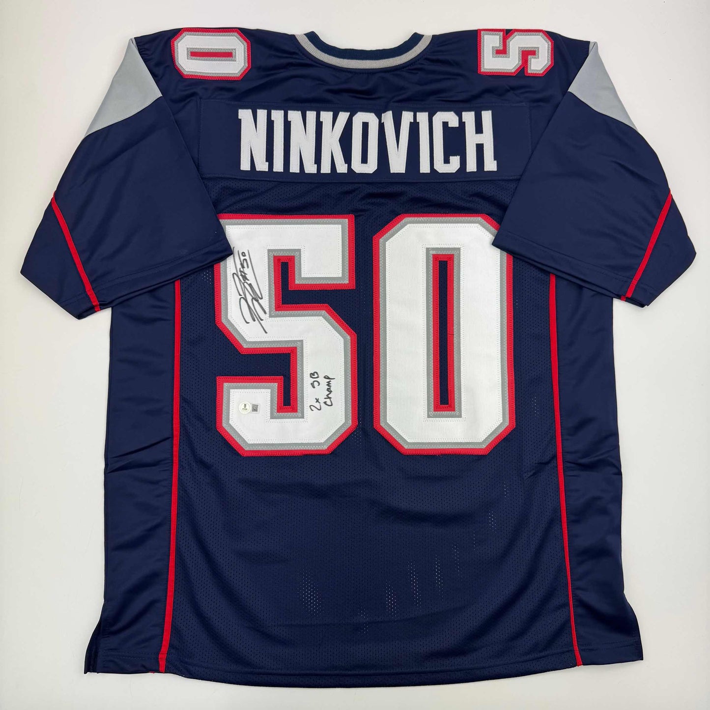 Autographed/Signed Rob Ninkovich "2x SB Champ" New England Blue Football Jersey Beckett BAS COA