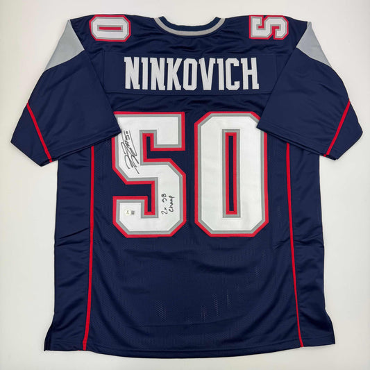Autographed/Signed Rob Ninkovich "2x SB Champ" New England Blue Football Jersey Beckett BAS COA