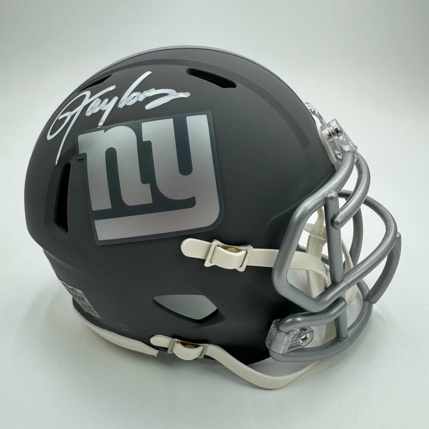 Autographed/Signed Lawrence Taylor New York Giants Silver Mini Football Helmet Beckett BAS COA