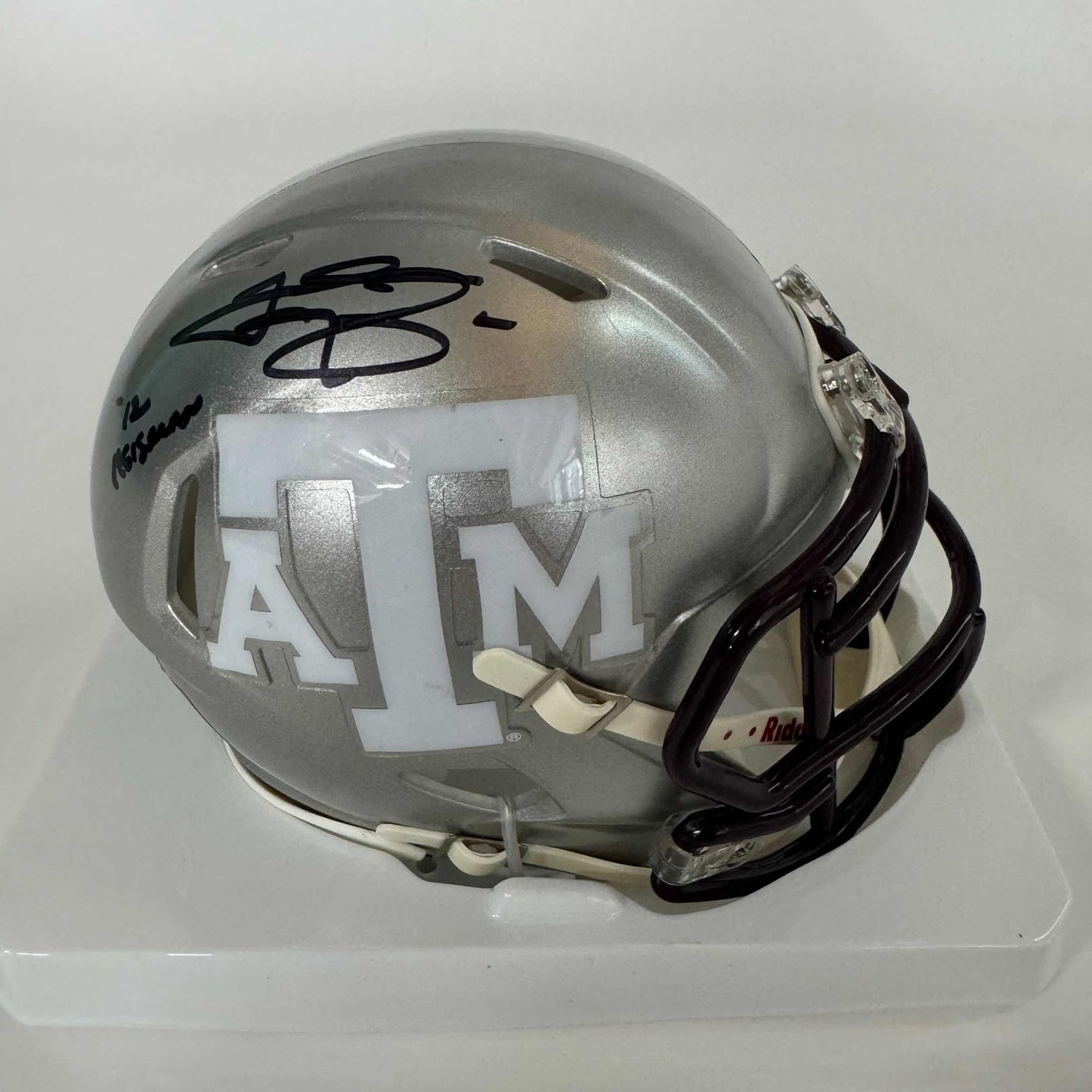 Autographed/Signed Johnny Manziel 12 Heisman Texas A&M Aggies College Football Silver Flash Mini Helmet Beckett BAS COA