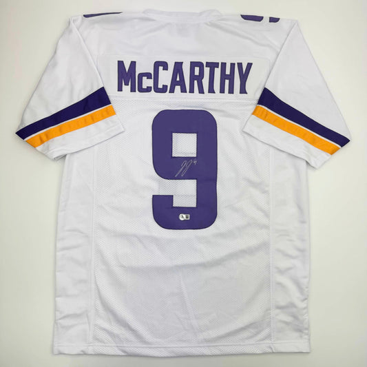 Autographed/Signed J.J. JJ McCarthy Minnesota White Football Jersey Beckett BAS COA
