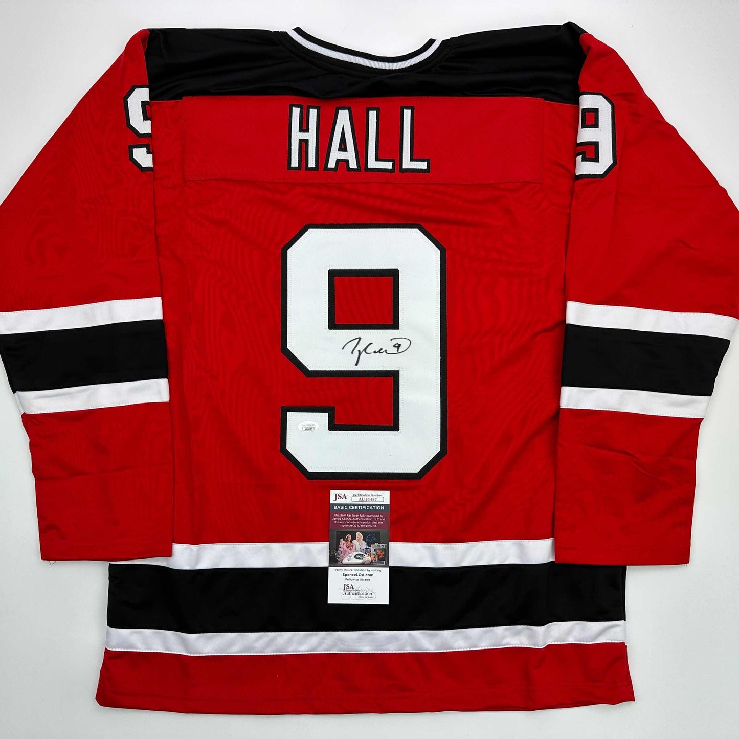 Autographed/Signed Taylor Hall New Jersey Red Hockey Jersey JSA COA