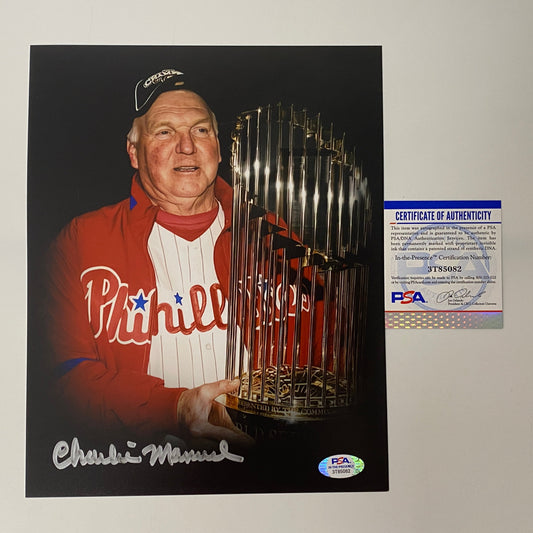 Autographed/Signed Charlie Manuel 2008 World Series Philadelphia Phillies 8x10 Baseball Photo PSA/DNA COA
