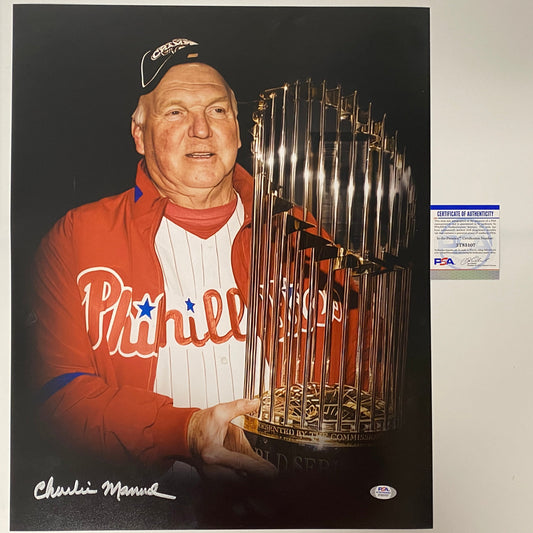 Autographed/Signed Charlie Manuel 2008 World Series Philadelphia Phillies 16x20 Baseball Photo PSA/DNA COA