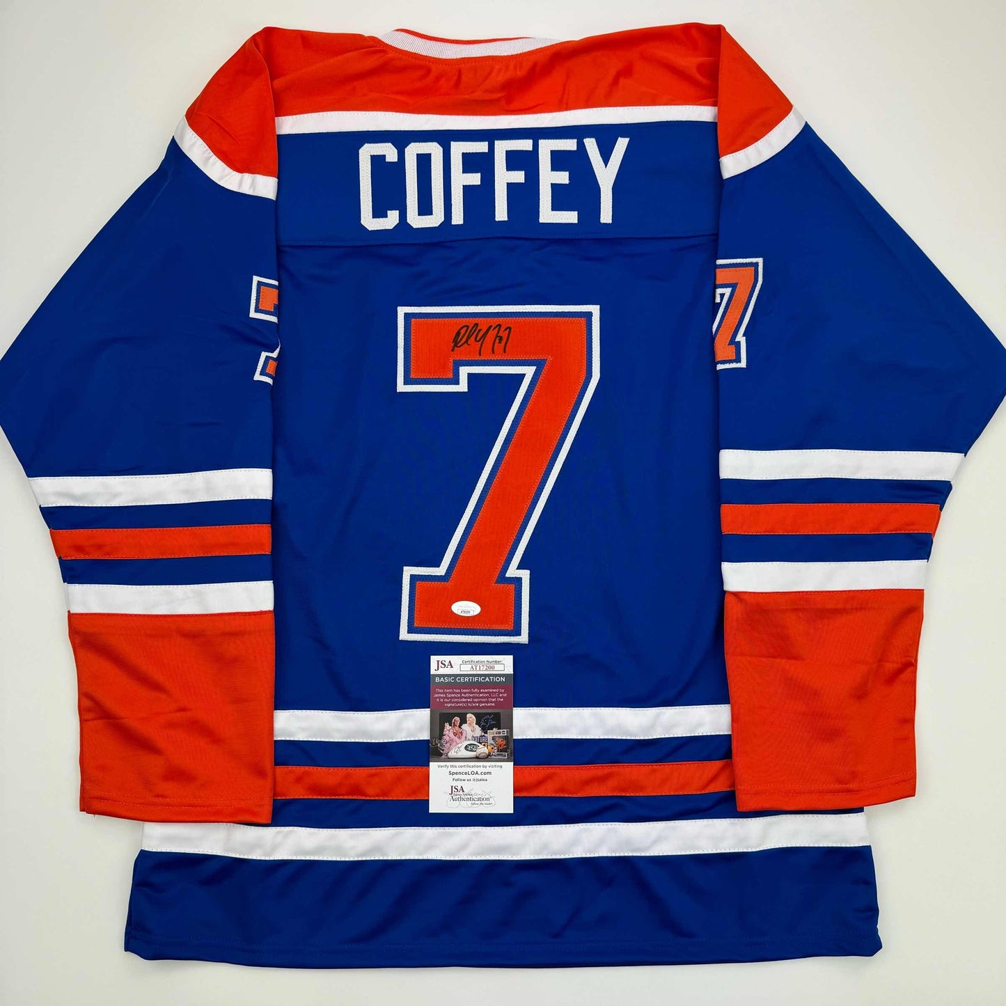 Autographed/Signed Paul Coffey Edmonton Blue Hockey Jersey JSA COA