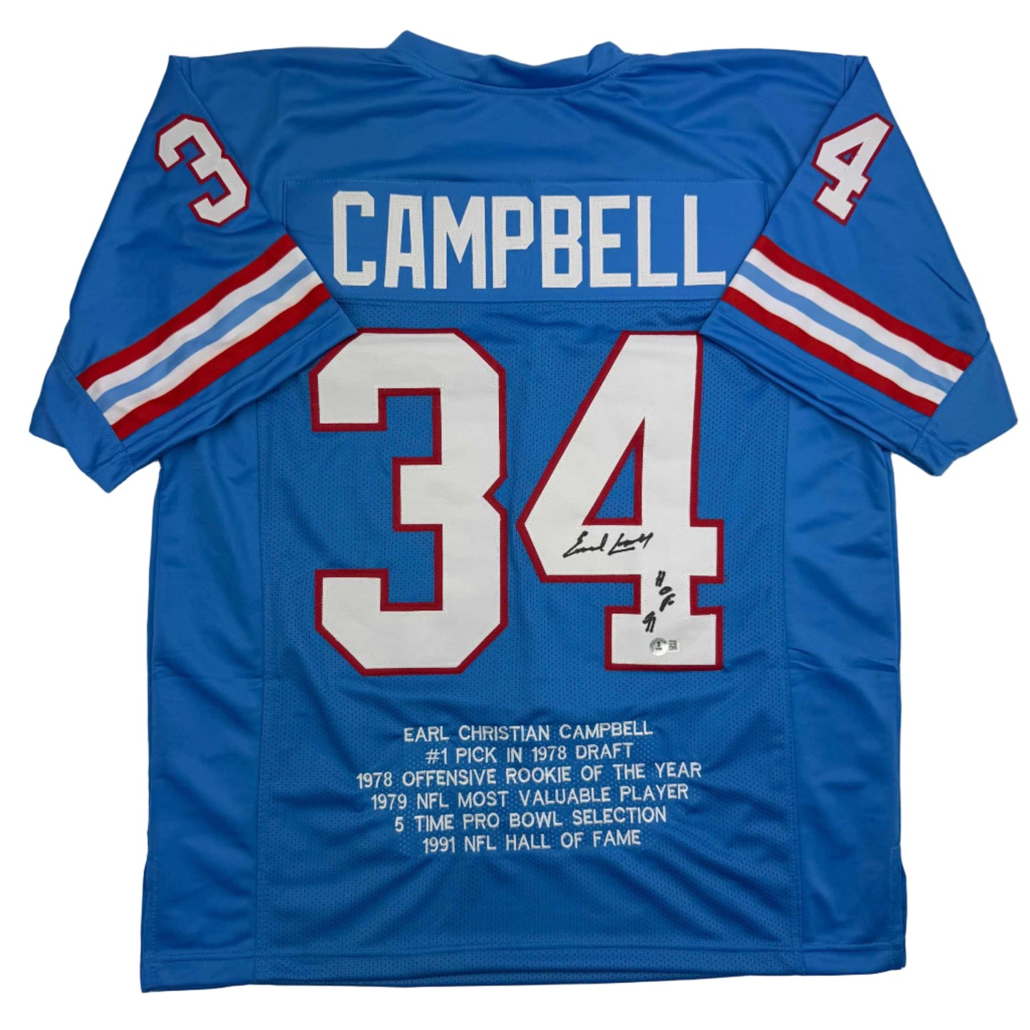 Autographed/Signed Earl Campbell HOF 91 Houston Blue Stat Football Jersey JSA COA