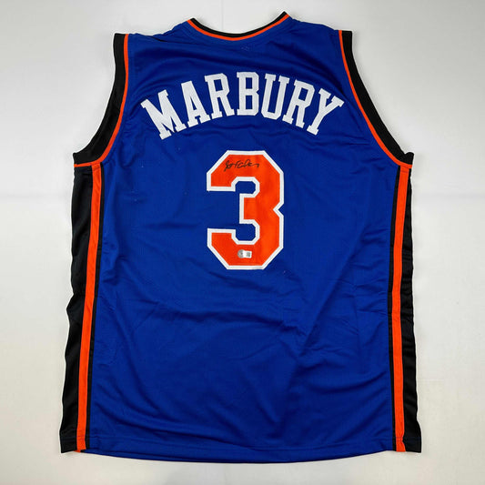 Autographed/Signed Stephon Marbury New York Blue Basketball Jersey Beckett BAS COA