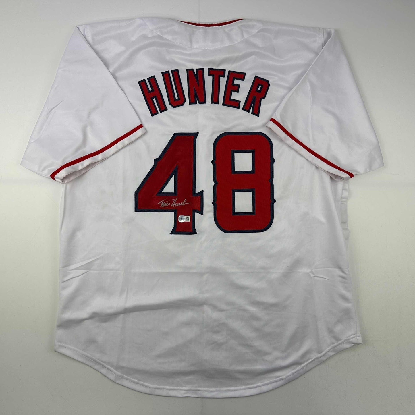 Autographed/Signed Torii Hunter Los Angeles Anaheim White Baseball Jersey Beckett BAS COA