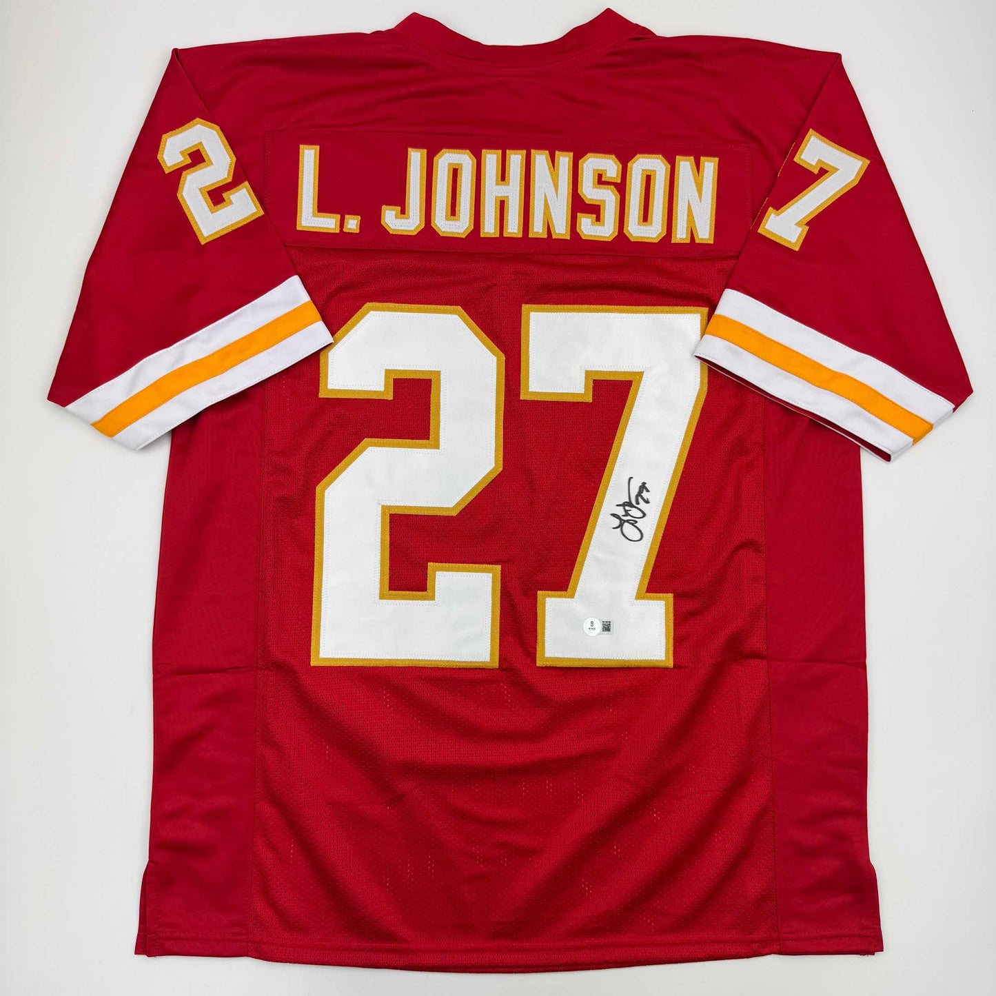 Autographed/Signed Larry Johnson Kansas City Red Football Jersey Beckett BAS COA