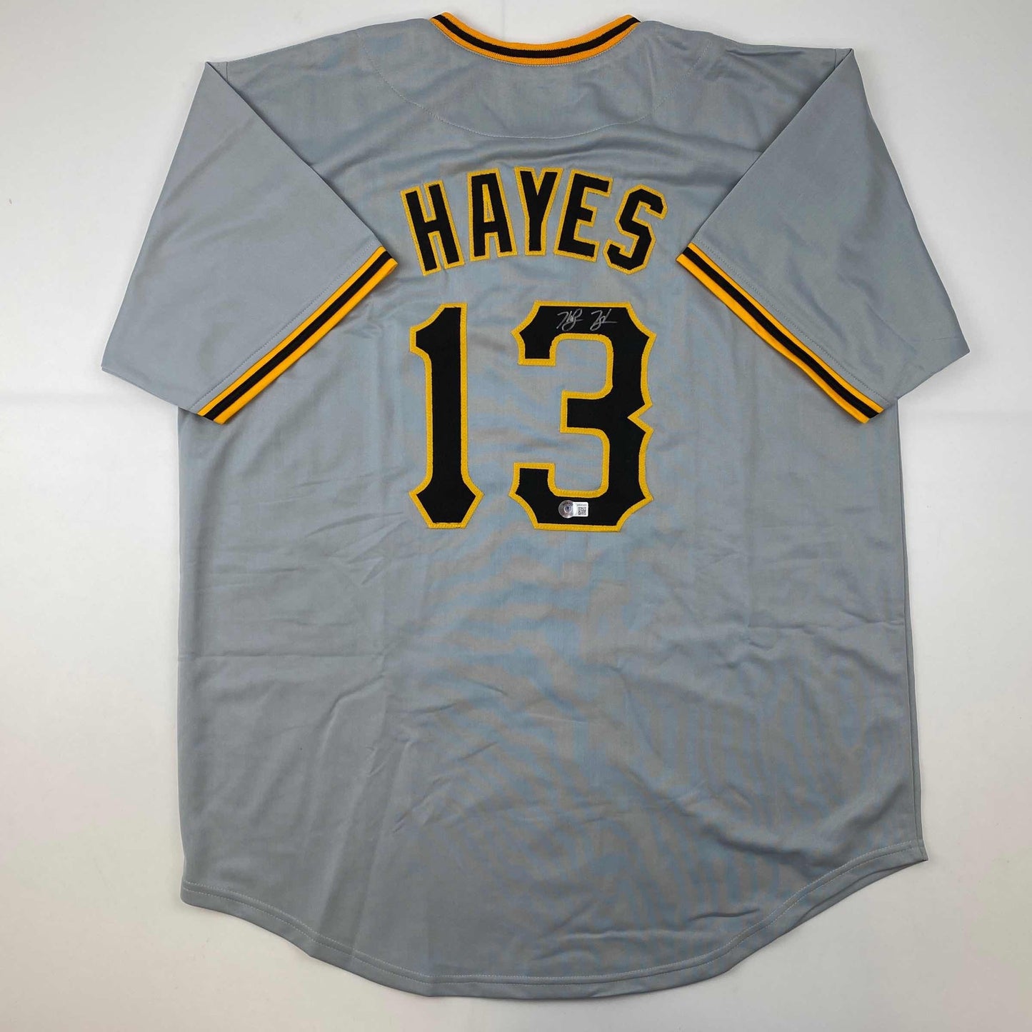 Autographed/Signed Ke'Bryan Hayes Pittsburgh Grey Baseball Jersey Beckett BAS COA