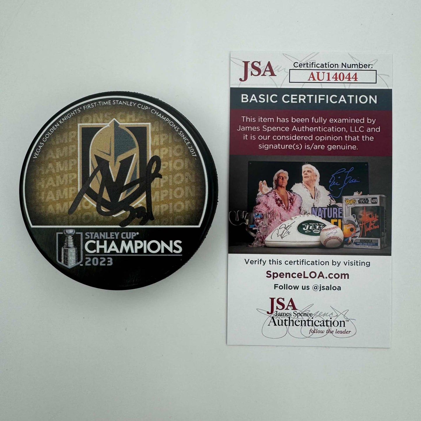 Autographed/Signed Alec Martinez Las Vegas Golden Knights 2023 Stanley Cup Logo Hockey Puck JSA COA