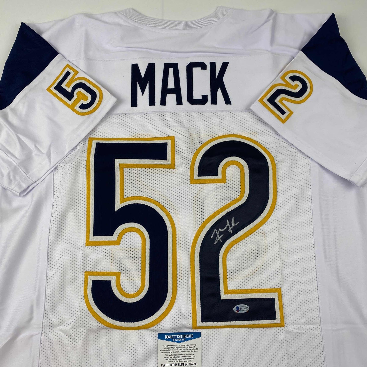Autographed/Signed Khalil Mack Los Angeles LA White Football Jersey Beckett BAS COA