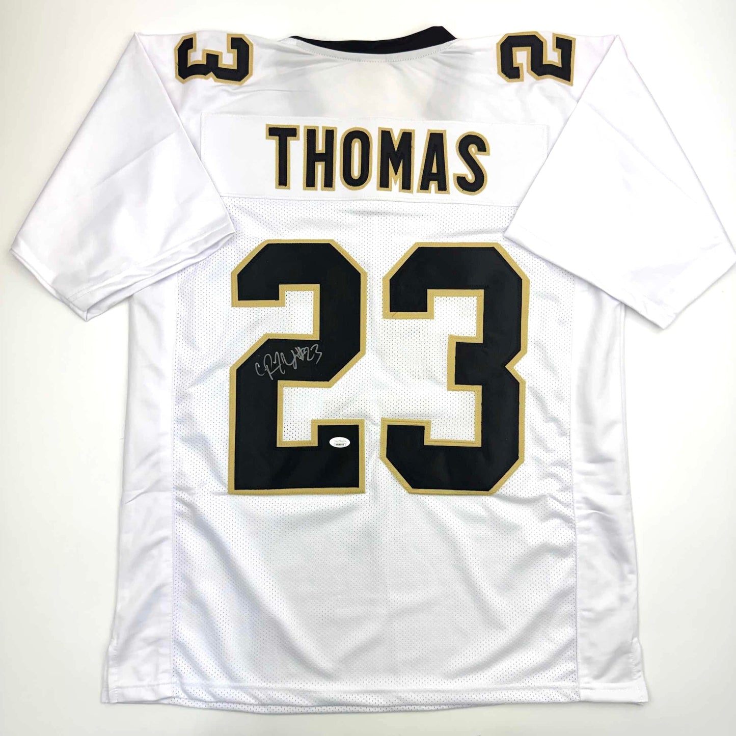 Autographed/Signed Pierre Thomas New Orleans White Football Jersey JSA COA