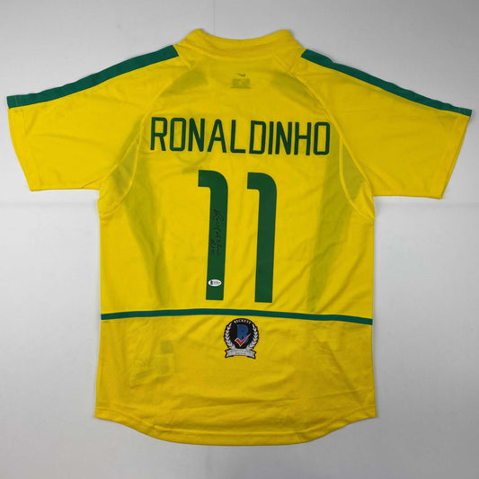 Autographed/Signed Ronaldinho Brazil Yellow Soccer Futbol Jersey Beckett BAS COA
