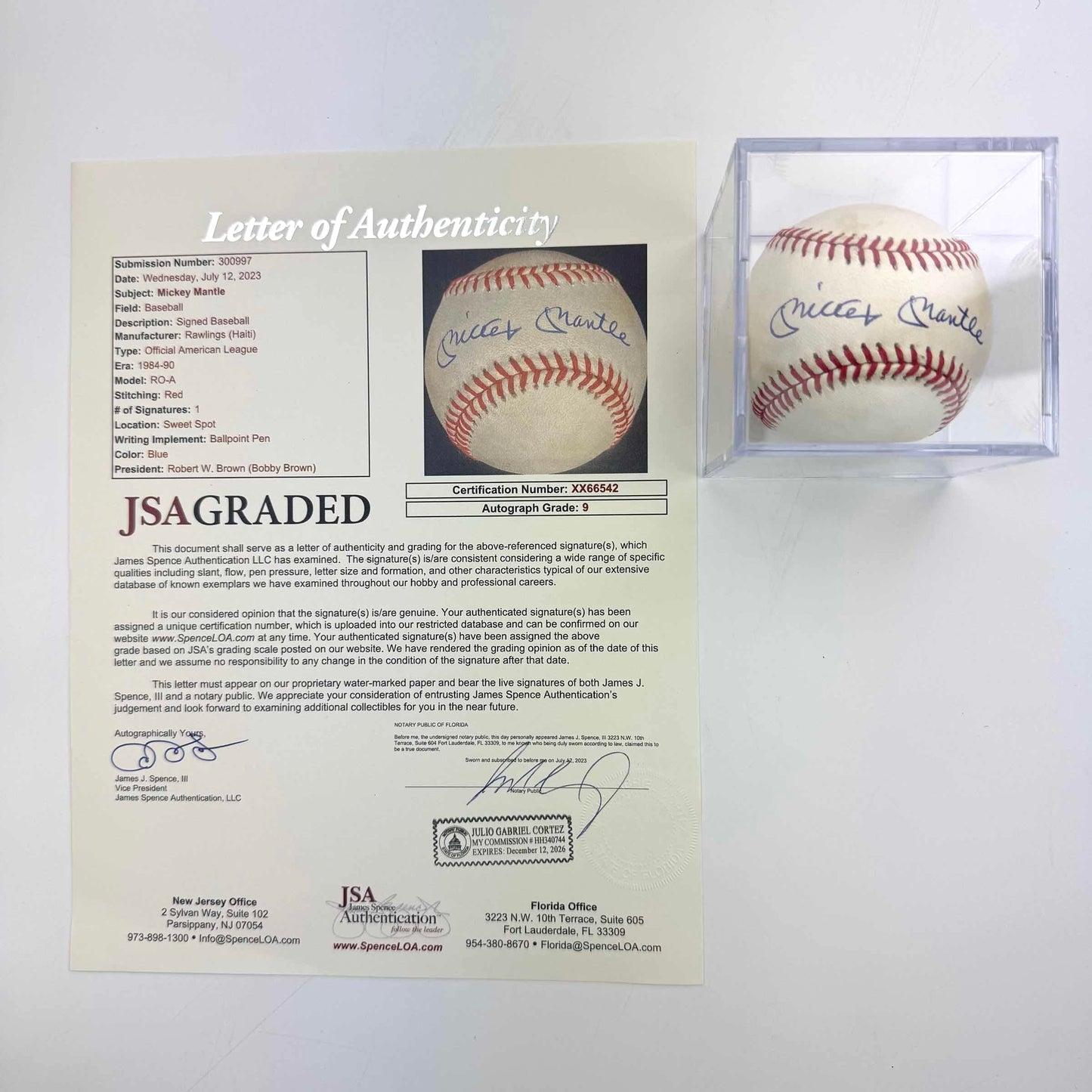 Autographed/Signed Mickey Mantle Rawlings Official American League ROA Sweet Spot Baseball JSA 9 Graded LOA