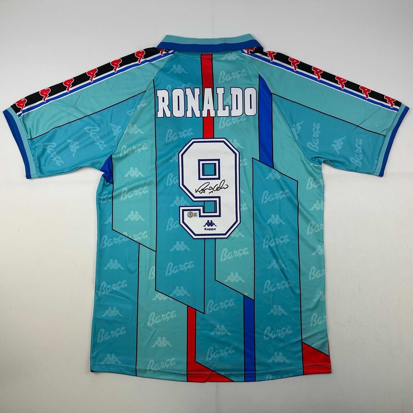 Autographed/Signed Ronaldo Nazario FC Barcelona 1996-97 Teal Soccer Jersey Beckett BAS COA