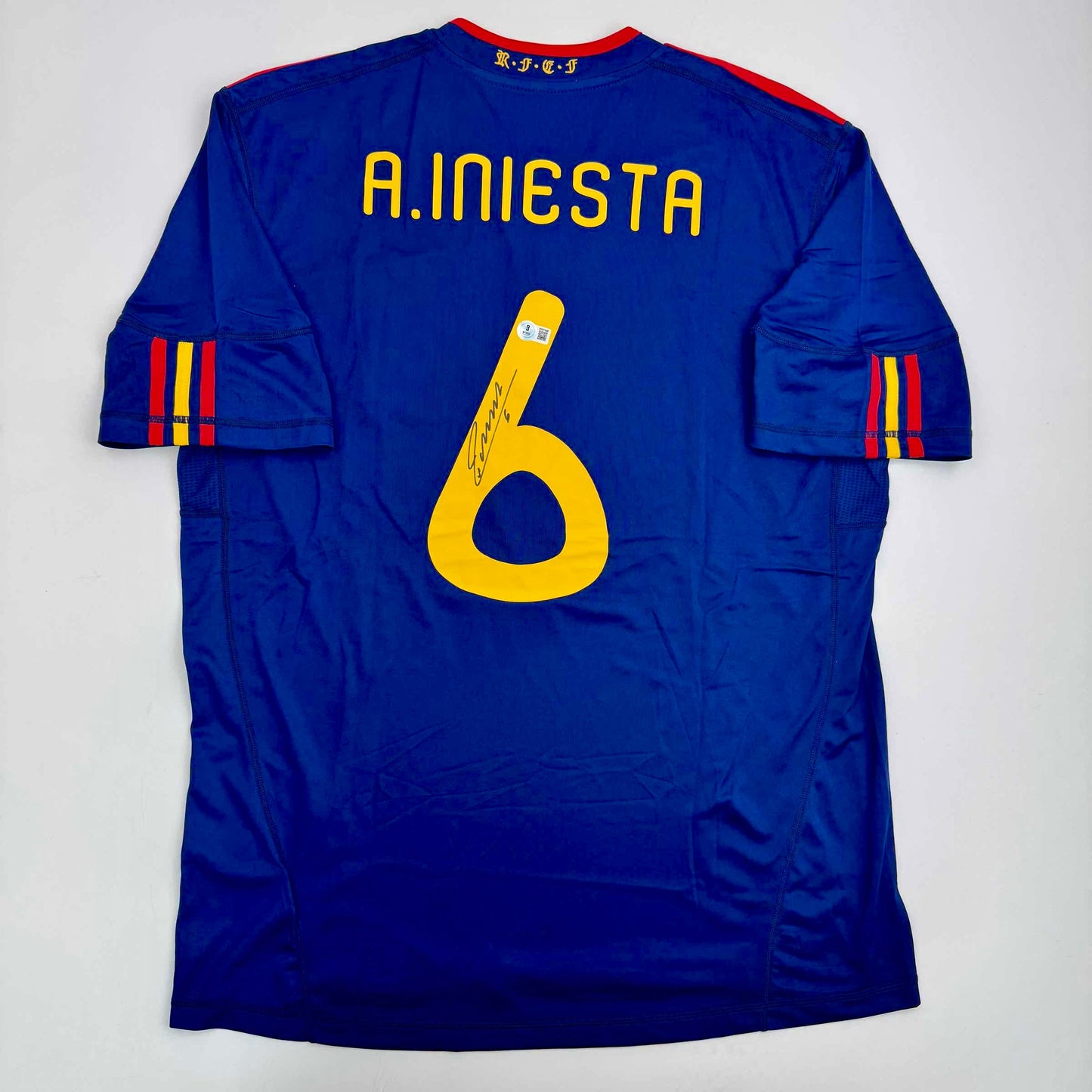Autographed/Signed Andres Iniesta Spain Blue World Cup Soccer Futbol Jersey Beckett BAS COA