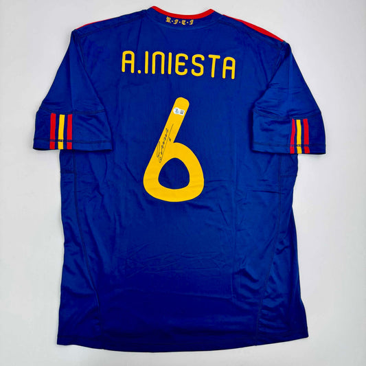 Autographed/Signed Andres Iniesta Spain Blue World Cup Soccer Futbol Jersey Beckett BAS COA