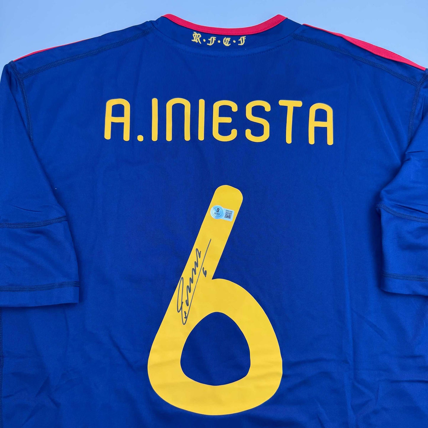 Autographed/Signed Andres Iniesta Spain Blue World Cup Soccer Futbol Jersey Beckett BAS COA